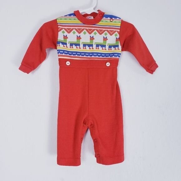 Vintage Carters Red Llama Jumpsuit Romper 6 Mo - Picture 2 of 13